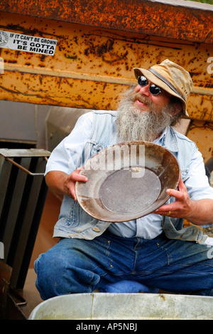 Dexter Clarke gold miner dimostra la sua tecnica di panning all'Eldorado Goldmine a Fairbanks Alaska Stati Uniti d'America. Foto Stock