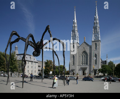 Louise Bourgeois scultura in bronzo Maman a 30 piedi alto Spider nani passanti con di fronte la Cattedrale di Notre Dame a Ottawa Foto Stock