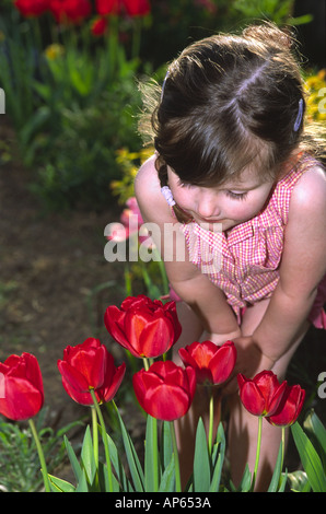 Ragazza giovane guardando i tulipani in un giardino in Inghilterra Foto Stock