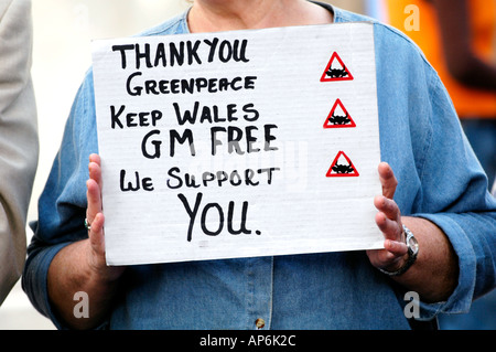I sostenitori di Greenpeace che protestavano contro la coltivazione di colture GM in Galles a Cardiff South Wales UK Foto Stock