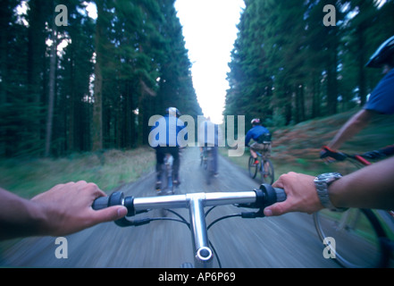 Amici mountainbike in velocità sul sentiero forestale Foto Stock