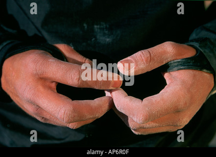 Close up di arrampicatori mani con chalk in preparazione, Fisher Towers, Colorado, Utah, Stati Uniti d'America Foto Stock