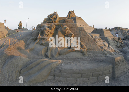 Guerra di Troia le sculture di sabbia a sabbia festa della città la Turchia Tuerkische Riviera Lara Beach Antalya Foto Stock