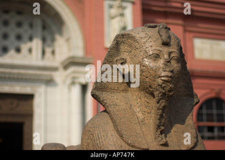 Sphinx al di fuori delle Antichità Egizie Museum, il Cairo Foto Stock