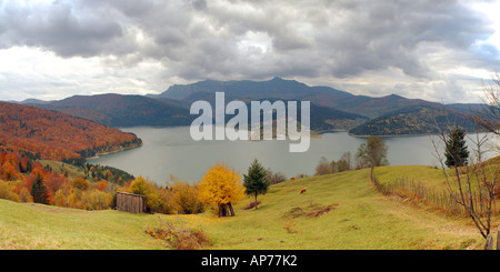 La temperata foresta paesaggio vicino Bicaz Lago di Bicaz River Valley, Moldavia, Romania, Europa orientale Foto Stock