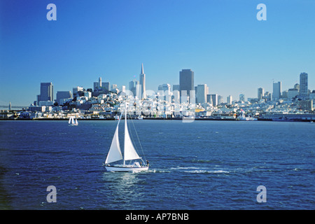 Vista aerea di barche a vela nella Baia di San Francisco con la Piramide Transamerica nella skyline della città al di là Foto Stock