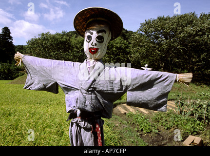 A scarecrow wearing traditional Japanese kimono and hat in a field near Machida in Tokyo, Japan Foto Stock