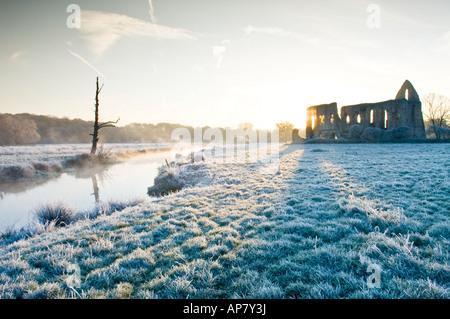 Sunrise sopra le rovine di Newark Priory vicino al villaggio di Pyrford Surrey in Inghilterra REGNO UNITO Foto Stock