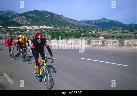 Quattro i ciclisti di montagna su una strada Foto Stock