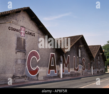 Magazzini di Camus con tetti annerito da un fungo che vive sui fumi del brandy Cognac Charente Francia Foto Stock