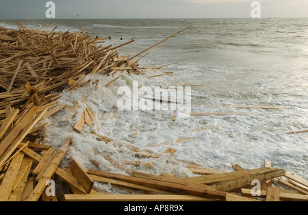 Beach Worthing West Sussex Inghilterra tavole di legno di una nave da carico il “Ice Prince” che affondò in condizioni meteorologiche avverse il 15 gennaio 2008. Anni '2000 Regno Unito Foto Stock