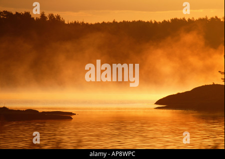 Early Morning mist sopra il lago Vansjø in Østfold, Norvegia. Vansjø è una parte dell'acqua sistema chiamato Morsavassdraget. Foto Stock