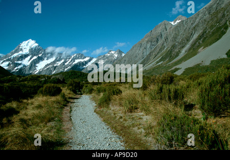 Mt Cook e Hooker Valley montagna più alta delle Alpi meridionali dell'Isola del Sud della Nuova Zelanda Foto Stock