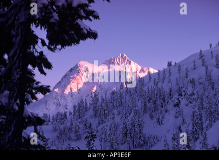 Una debole febbraio tardo pomeriggio di sole illumina il Monte Shuksan, nello Stato di Washington Foto Stock