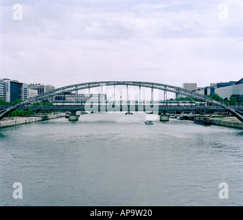 Fotografia di viaggio - La metropolitana andando oltre il Fiume Senna a Parigi in Francia in Europa. Urban Foto Stock