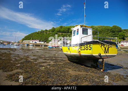 Barca ormeggiata a bassa marea Fishguard Harbour Pembrokeshire West Wales, Regno Unito Foto Stock
