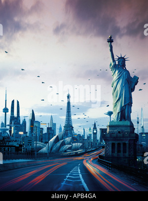 Una città futuristica con la Statua della Libertà, la Torre Eiffel e il Big Ben, la Sydney Opera House e la CN Tower Foto Stock