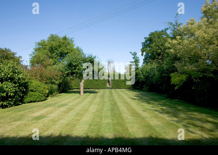 Giardini del Regno Unito. Grande giardino erboso circondato da alberi maturi strisce del tosaerba in erba. Foto Stock