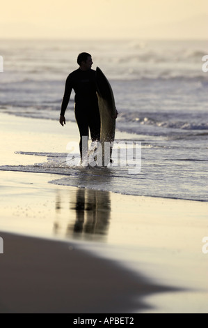 Silhouette surfista maschio in muta porta tavola da surf lungo la spiaggia mentre guardando al mare Foto Stock