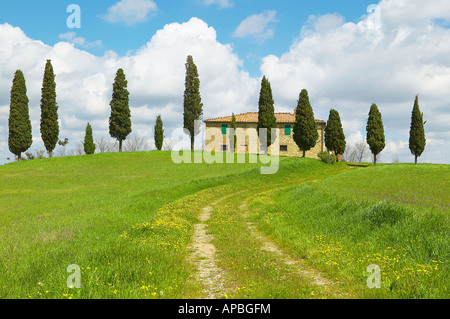 Toscana in pietra casale costruito sulla collina di stare dietro a filare di cipressi Foto Stock