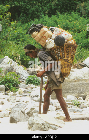 Il nepalese porter portando grande carico sulla sua schiena lungo una via Nepal Asia Foto Stock