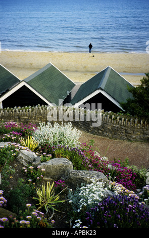 Vista dal Bournemouth Giardini Tropicali di Beach Hut tetti e figura solitaria sulla spiaggia, Bournemouth Beach, Dorset Foto Stock
