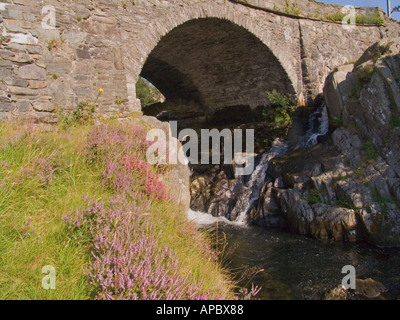 Valle OGWEN GWYNEDD North Wales UK Agosto del nuovo ponte costruito sopra la parte superiore della piccola antica packhorse oltre Afon Llugwy Foto Stock