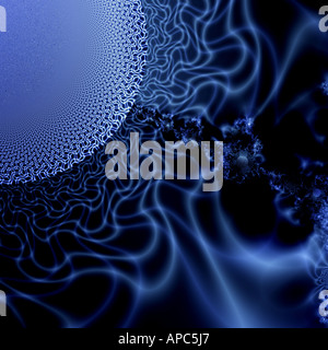 Grafica digitale astratta con fluide tracce di luce blu neon e linee curve su sfondo scuro Foto Stock