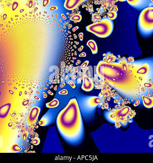 Grafica digitale astratta con fluide tracce di luce blu neon e linee curve su sfondo scuro Foto Stock