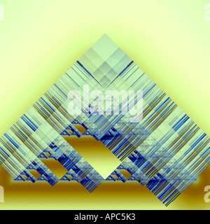 Design frattale geometrico astratto con motivi triangolari blu e oro a strati con texture lineari su sfondo giallo tenue Foto Stock