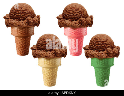 4 diversi di gelato al cioccolato coni Foto Stock