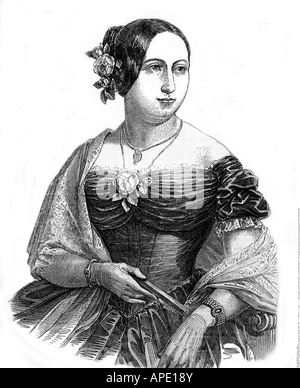 Maria II. 'Da Gloria', 4.4.1819 - 15.11.1853, Regina del Portogallo 5.5.1826 - 30.6.1828 e 26.5.1834 - 15.11.1853, a mezza lunghezza e incisione su legno, secolo XIX, , artista del diritto d'autore non deve essere cancellata Foto Stock