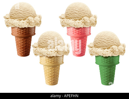 4 diversi di gelato alla vaniglia coni Foto Stock