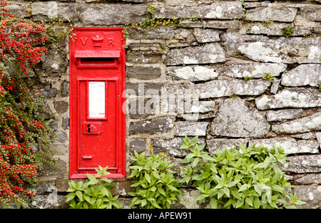 Rosso vittoriano post box set in un muro di pietra a Crickadarn Powys Mid Wales UK Foto Stock