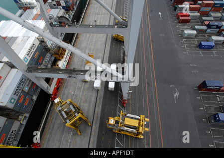 Vista da un gantry crane di una nave del contenitore in fase di scarico e cavallo di ascensori che trasportano contenitori presso i porti di Auckland Foto Stock