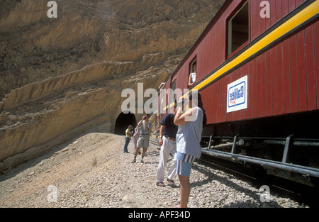 Le Lezard Rouge è un vecchio treno si è trasformato in un treno turistico che viaggia sulla linea che servivano le miniere di fosfato in collina Foto Stock