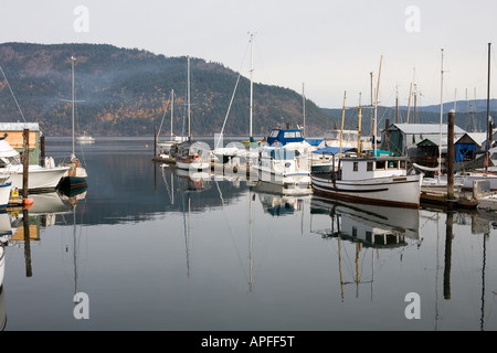 Ancora un giorno in un marina in Cowichan Bay, sull'Isola di Vancouver. Foto Stock