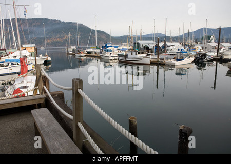 Ancora un giorno in un marina in Cowichan Bay, sull'Isola di Vancouver. Foto Stock