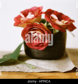 Ancora in vita di 3 rose rosse in vaso con un panno di lino sul tavolo di legno Foto Stock