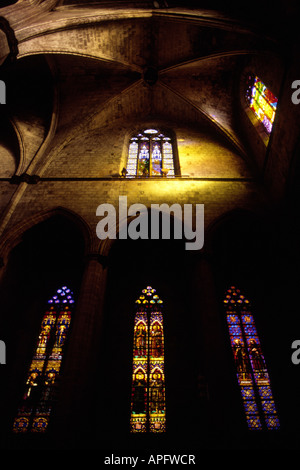 Interno, che mostra le finestre di vetro macchiate di La Seu Cathedral, Barcellona Foto Stock