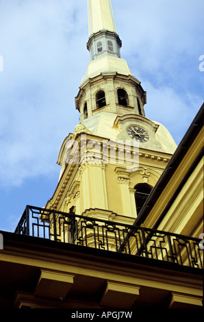 Close up dettaglio della guglia dei Santi Pietro e Paolo Cattedrale (Petropavlovsky sobor), San Pietroburgo, Russia Foto Stock