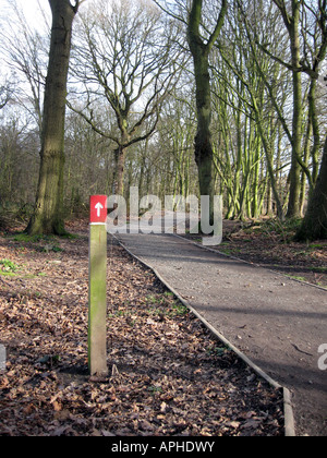 Un cartello in legno post per guidare gli escursionisti lungo un sentiero all'interno Norsey Woods Riserva Naturale, Billericay, Essex, Inghilterra, Regno Unito Foto Stock