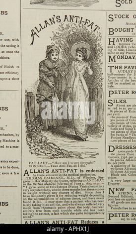 Victorian advert per Allan's Anti grasso trattamento mostrando due Signore discutere la loro figura e il peso - 19th secolo UK Foto Stock