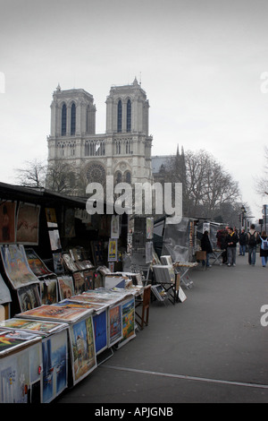 Librai bancarelle lungo argine fiume Senna a Parigi Foto Stock