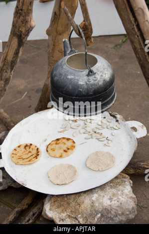 Bollitore appesa sopra il fuoco Foto Stock