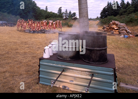 Saturna Island Barbecue di agnello, Golfo meridionale isole, BC, British Columbia, Canada - acqua bollente per caffè sulla stufa per esterni Foto Stock