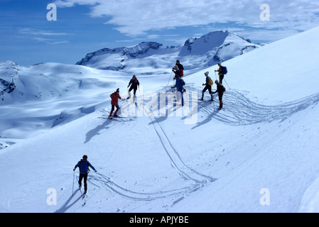 Gli sciatori sci di fondo valle nella regione alpina di 'Black Brosmio', vicino a Whistler, BC, British Columbia, Canada Foto Stock