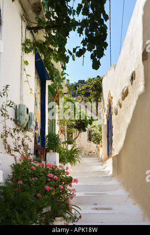 Street nella parte vecchia del villaggio Kritsa, vicino a Agios Nikolaos, Costa Nord Est, Creta, Grecia Foto Stock
