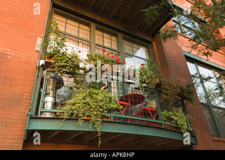 ILLINOIS Chicago balcone del mattone di edificio residenziale con molte piante fioriere near west side Foto Stock
