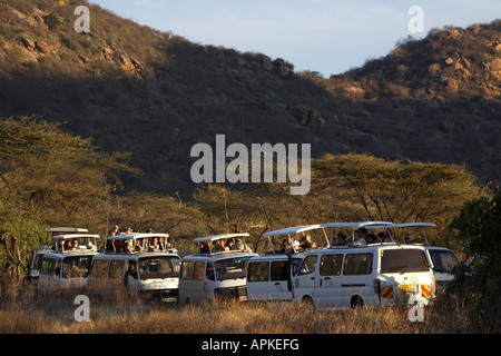 Inceppamento di traffico - pullman turistici durante un safari nella savana, Kenya, Samburu riserva nazionale, Isiolo Foto Stock